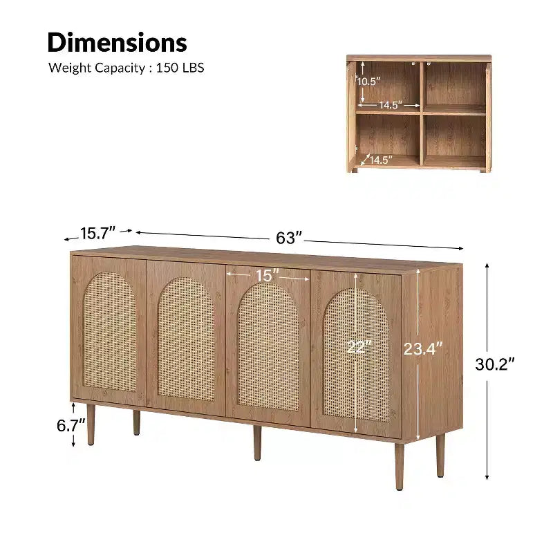 Lenz 63 Madia Moderna Larga in Rattan con 2 Ripiani Regolabili|ART OF LIVING DESIGNS