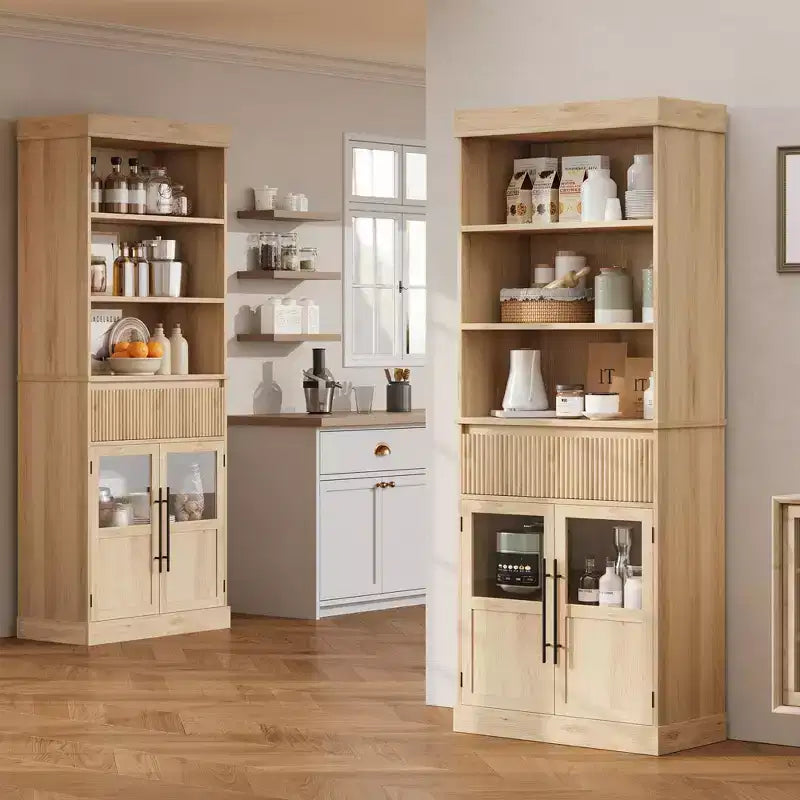 Mobile contenitore Glass Wave, mobile contenitore semiaperto, mobile contenitore retrò in legno con ripiani regolabili per soggiorno, cucina, legno naturale