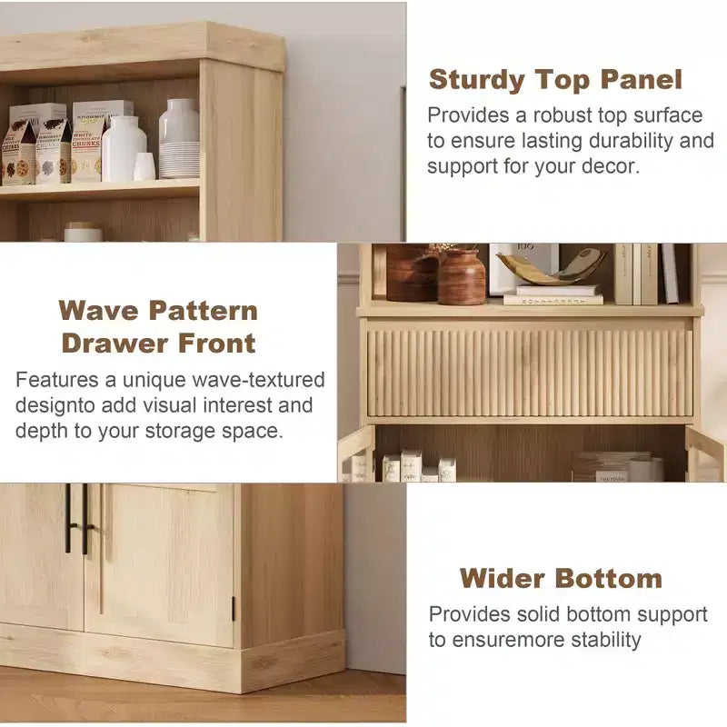 Mobile contenitore Glass Wave, mobile contenitore semiaperto, mobile contenitore retrò in legno con ripiani regolabili per soggiorno, cucina, legno naturale