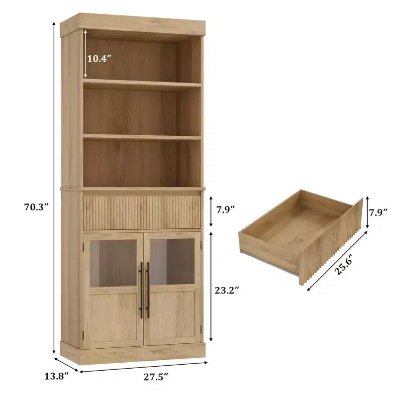 Mobile contenitore Glass Wave, mobile contenitore semiaperto, mobile contenitore retrò in legno con ripiani regolabili per soggiorno, cucina, legno naturale