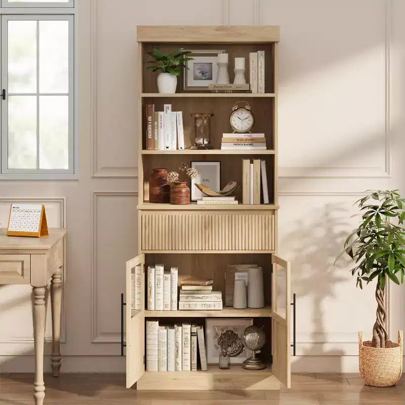 Mobile contenitore Glass Wave, mobile contenitore semiaperto, mobile contenitore retrò in legno con ripiani regolabili per soggiorno, cucina, legno naturale