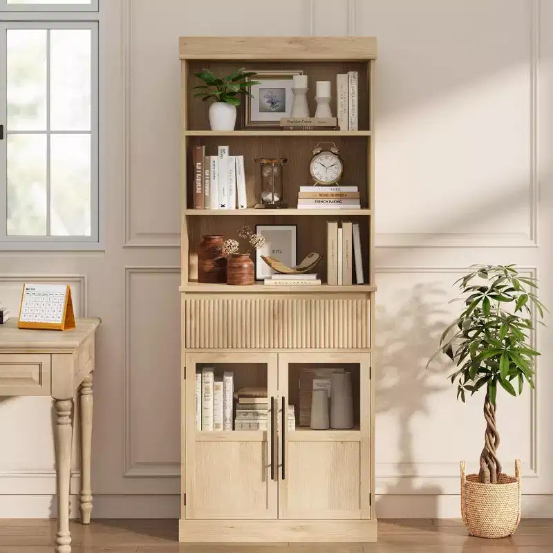Mobile contenitore Glass Wave, mobile contenitore semiaperto, mobile contenitore retrò in legno con ripiani regolabili per soggiorno, cucina, legno naturale
