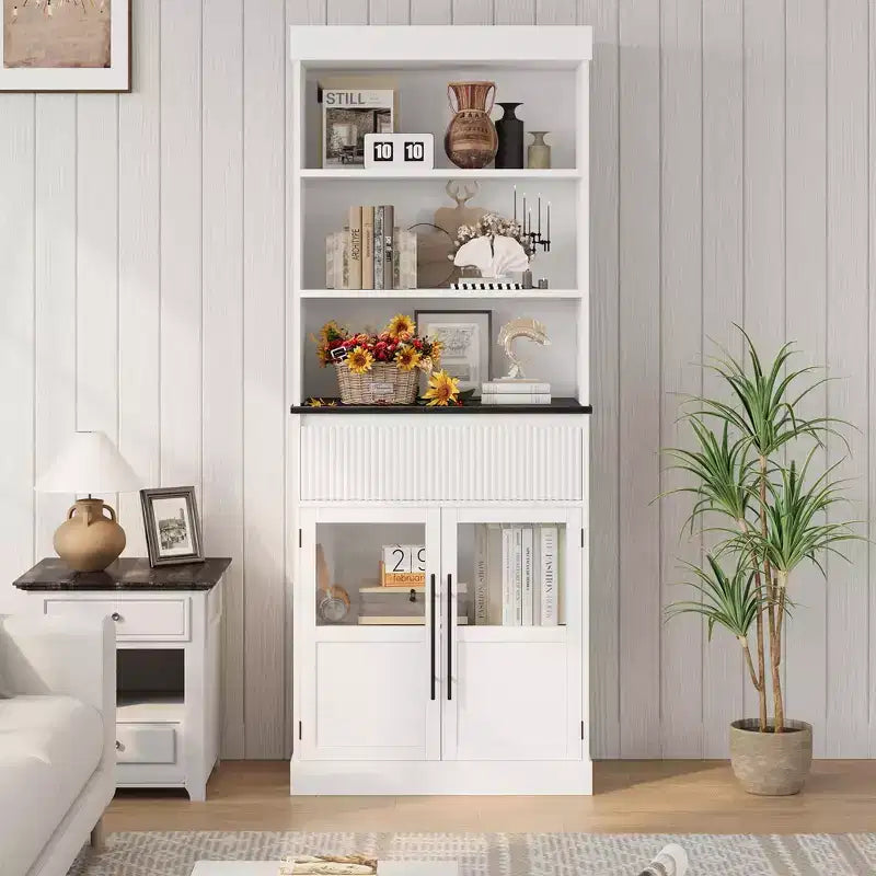 Mobile contenitore Glass Wave, mobile contenitore semiaperto, mobile contenitore retrò in legno con ripiani regolabili per soggiorno, cucina, legno naturale
