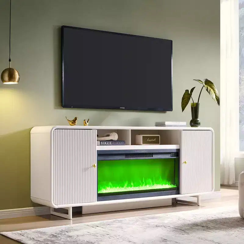 Mobile TV con camino fino a 80 pollici, mobile TV moderno con camino elettrico da 36 pollici e ripiani regolabili per soggiorno