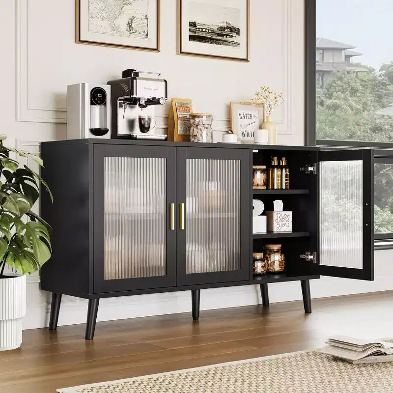 Credenza con Ante in Vetro, Madia da Cucina, Mobiletto da Ingresso, Porta TV con Ripiani Regolabili e Maniglie in Metallo per Soggiorno e Ingresso, Nero