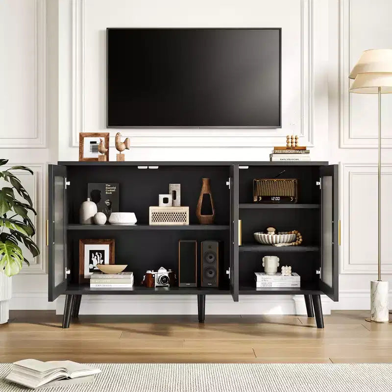 Credenza con Ante in Vetro, Madia da Cucina, Mobiletto da Ingresso, Porta TV con Ripiani Regolabili e Maniglie in Metallo per Soggiorno e Ingresso, Nero