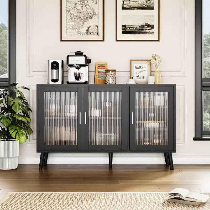 Credenza con Ante in Vetro, Madia da Cucina, Mobiletto da Ingresso, Porta TV con Ripiani Regolabili e Maniglie in Metallo per Soggiorno e Ingresso, Nero