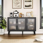 Credenza con Ante in Vetro, Madia da Cucina, Mobiletto da Ingresso, Porta TV con Ripiani Regolabili e Maniglie in Metallo per Soggiorno e Ingresso, Nero