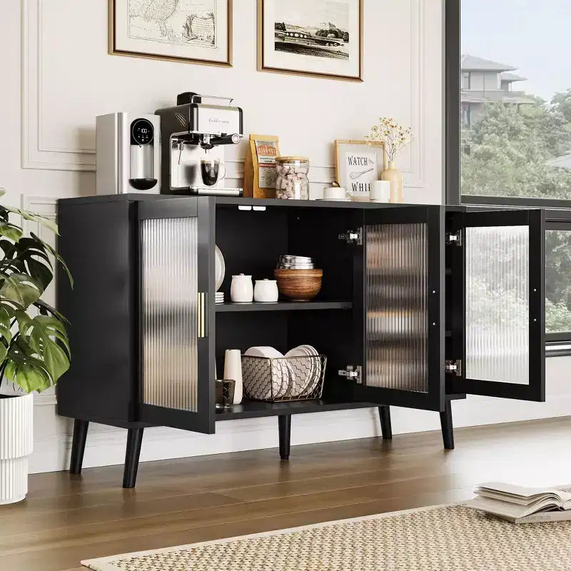 Credenza con Ante in Vetro, Madia da Cucina, Mobiletto da Ingresso, Porta TV con Ripiani Regolabili e Maniglie in Metallo per Soggiorno e Ingresso, Nero