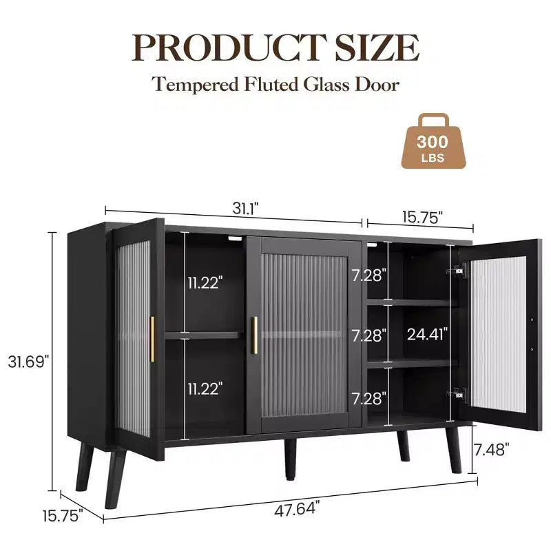 Credenza con Ante in Vetro, Madia da Cucina, Mobiletto da Ingresso, Porta TV con Ripiani Regolabili e Maniglie in Metallo per Soggiorno e Ingresso, Nero