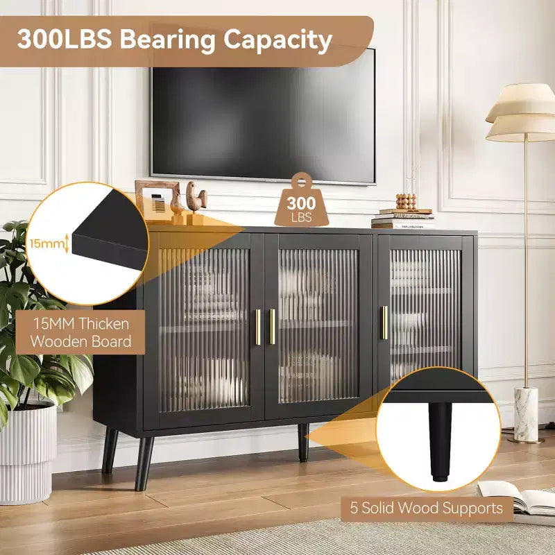 Credenza con Ante in Vetro, Madia da Cucina, Mobiletto da Ingresso, Porta TV con Ripiani Regolabili e Maniglie in Metallo per Soggiorno e Ingresso, Nero