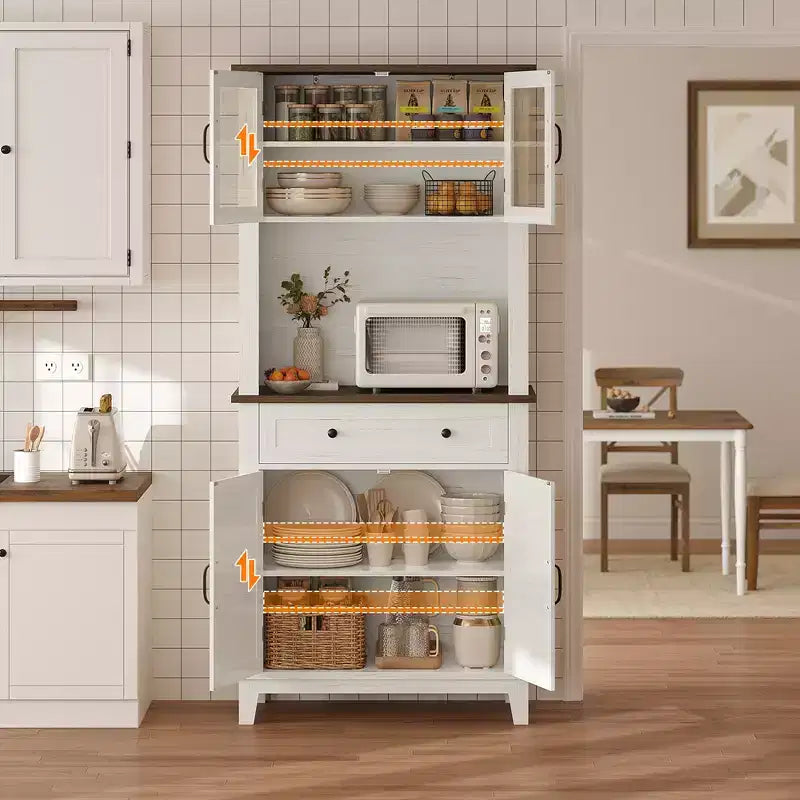 72 Armadio dispensa da cucina, Mobile bar da cucina, Mobile contenitore semiaperto con cassetti, Ante in vetro, Adatto per sala da pranzo, soggiorno, Bianco