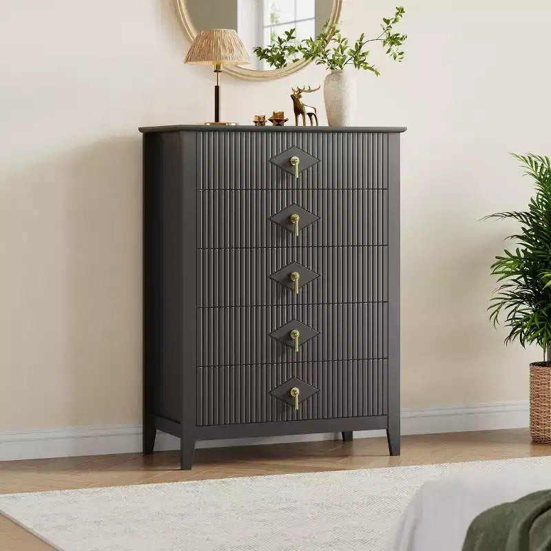 Cassettiera da camera con 5 cassetti, cassettiera moderna larga 81 cm con maniglie in metallo e cassetti in legno per camera da letto, soggiorno, corridoio