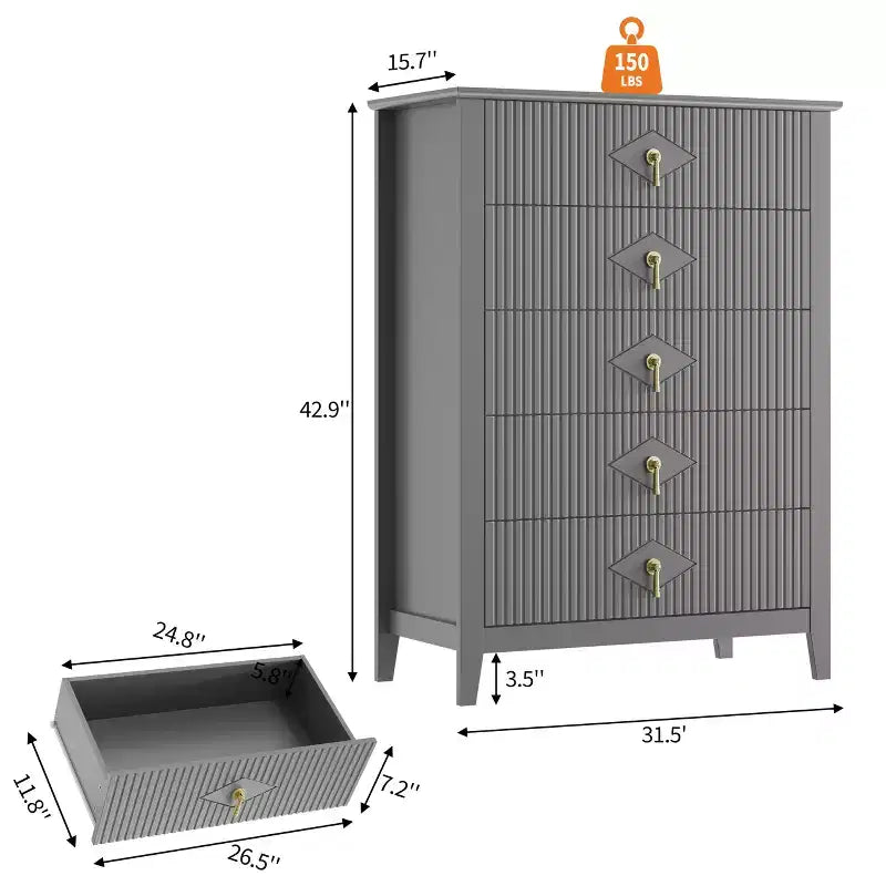 Cassettiera da camera con 5 cassetti, cassettiera moderna larga 81 cm con maniglie in metallo e cassetti in legno per camera da letto, soggiorno, corridoio
