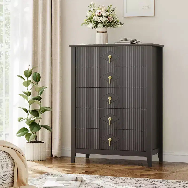 Cassettiera da camera con 5 cassetti, cassettiera moderna larga 81 cm con maniglie in metallo e cassetti in legno per camera da letto, soggiorno, corridoio