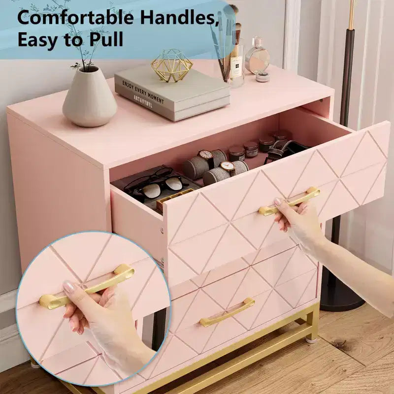 Cassettiera a tre cassetti, comodino con funzione contenitore, toeletta, maniglia dorata, adatto per camera da letto, soggiorno e ingresso