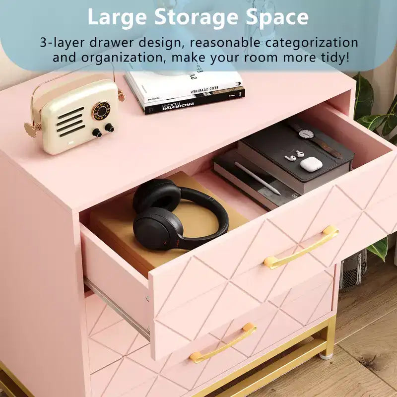 Cassettiera a tre cassetti, comodino con funzione contenitore, toeletta, maniglia dorata, adatto per camera da letto, soggiorno e ingresso