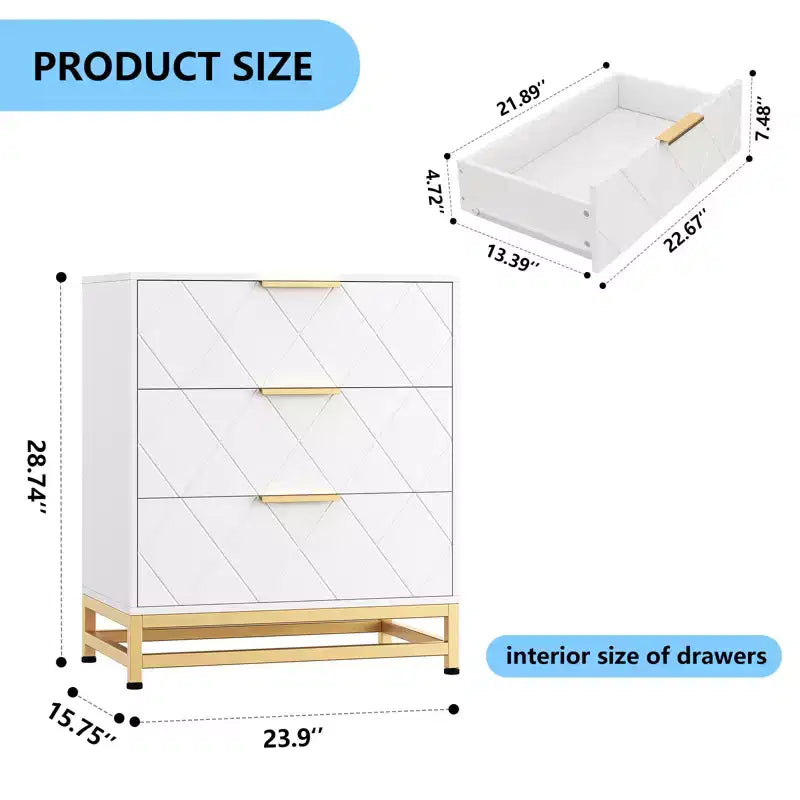 Cassettiera a tre cassetti, comodino con funzione contenitore, toeletta, maniglia dorata, adatto per camera da letto, soggiorno e ingresso