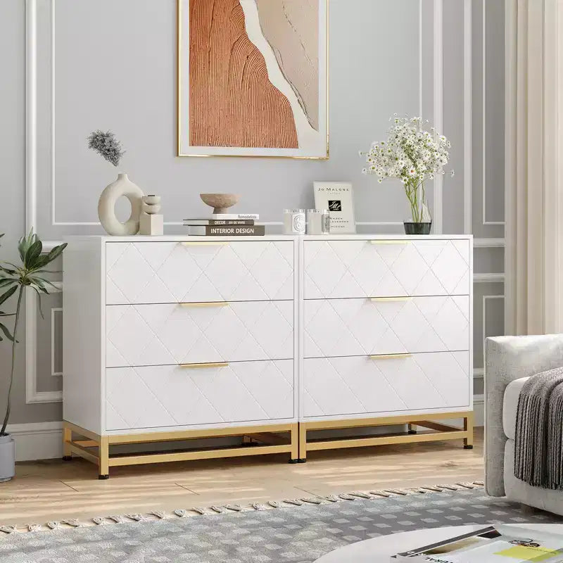Cassettiera a tre cassetti, comodino con funzione contenitore, toeletta, maniglia dorata, adatto per camera da letto, soggiorno e ingresso