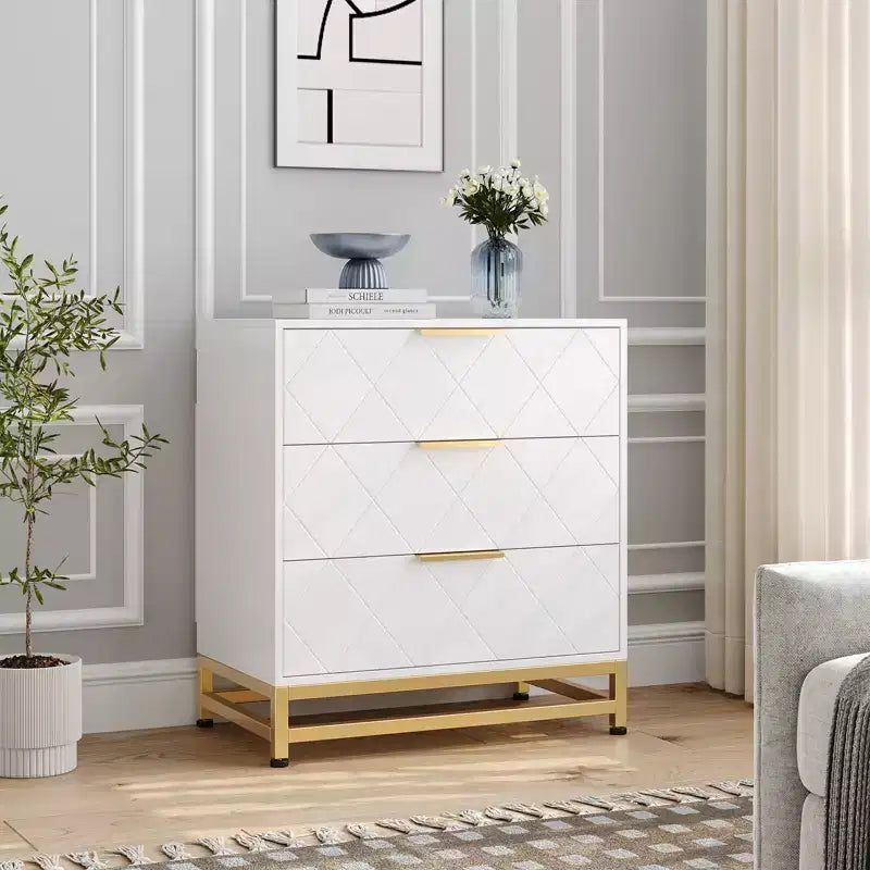 Cassettiera a tre cassetti, comodino con funzione contenitore, toeletta, maniglia dorata, adatto per camera da letto, soggiorno e ingresso