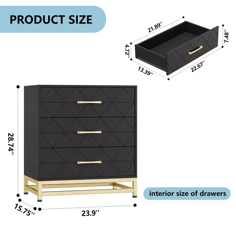 Cassettiera a tre cassetti, comodino con funzione contenitore, toeletta, maniglia dorata, adatto per camera da letto, soggiorno e ingresso