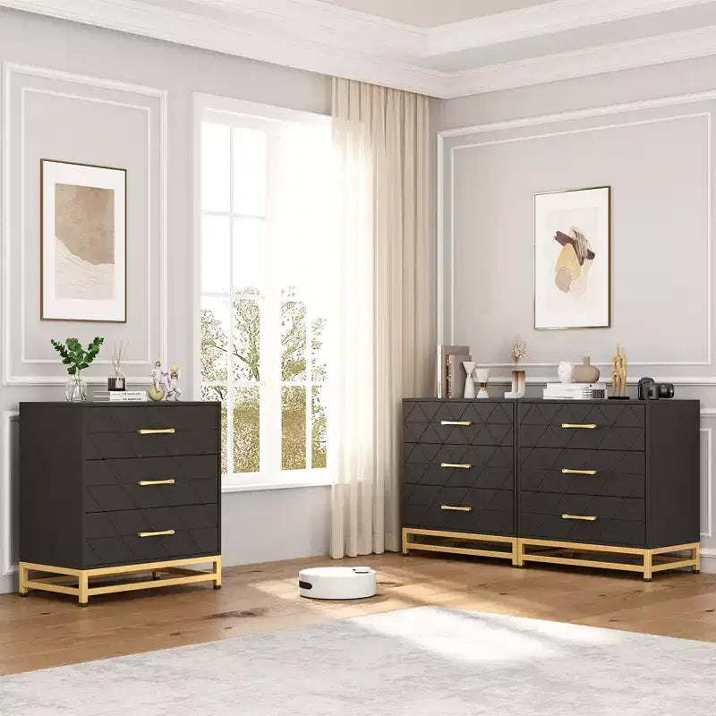 Cassettiera a tre cassetti, comodino con funzione contenitore, toeletta, maniglia dorata, adatto per camera da letto, soggiorno e ingresso