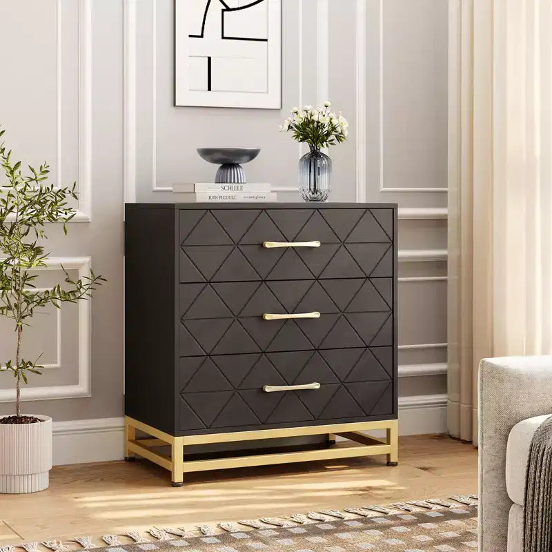 Cassettiera a tre cassetti, comodino con funzione contenitore, toeletta, maniglia dorata, adatto per camera da letto, soggiorno e ingresso