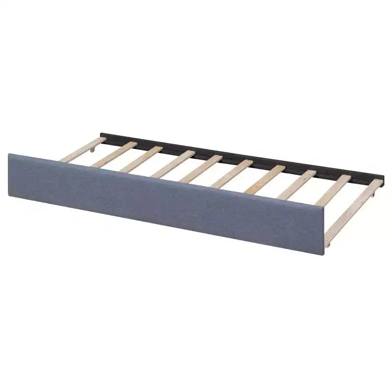 Letto a piattaforma a L una piazza e mezza, struttura letto in legno con letto estraibile e 2 cassetti e tavolino incorporato per camera da letto, grigio