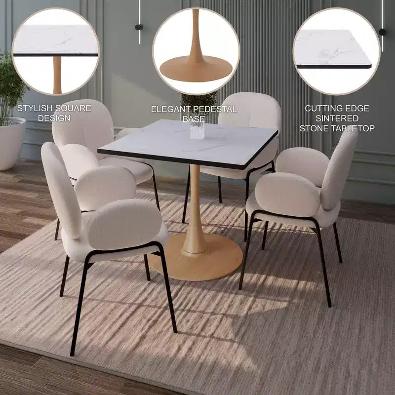Tavolo da pranzo quadrato LeisureMod Bristol 27 con piano in MDF bianco marmorizzato e base a piedistallo in acciaio per cucine e sale da pranzo moderne