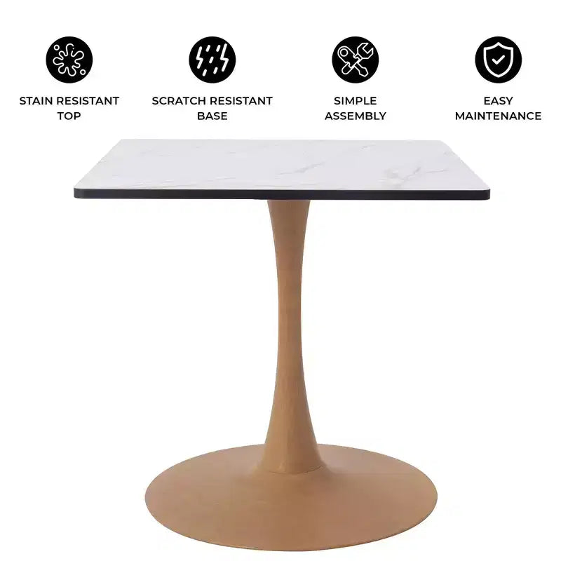 Tavolo da pranzo quadrato LeisureMod Bristol 27 con piano in MDF bianco marmorizzato e base a piedistallo in acciaio per cucine e sale da pranzo moderne