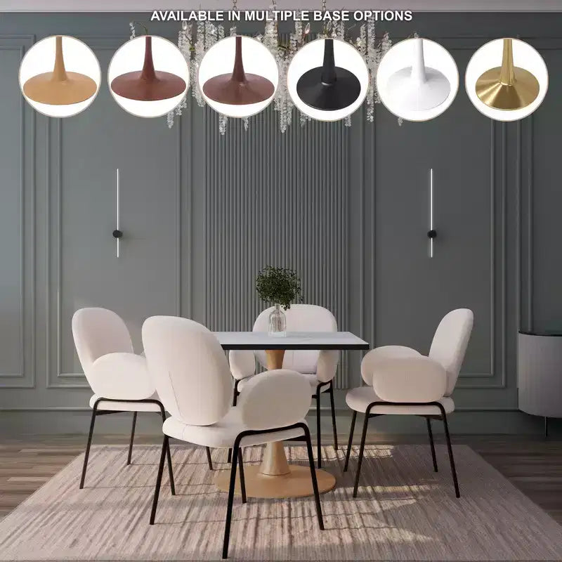 Tavolo da pranzo quadrato LeisureMod Bristol 27 con piano in MDF bianco marmorizzato e base a piedistallo in acciaio per cucine e sale da pranzo moderne