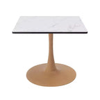 Tavolo da pranzo quadrato LeisureMod Bristol 27 con piano in MDF bianco marmorizzato e base a piedistallo in acciaio per cucine e sale da pranzo moderne