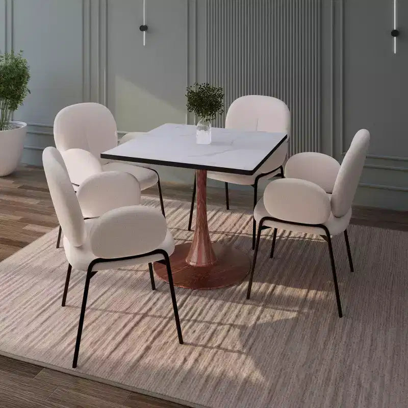 Tavolo da pranzo quadrato LeisureMod Bristol 27 con piano in MDF bianco marmorizzato e base a piedistallo in acciaio per cucine e sale da pranzo moderne