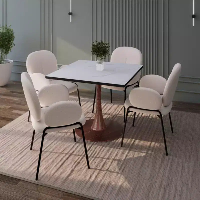 Tavolo da pranzo quadrato LeisureMod Bristol 27 con piano in MDF bianco marmorizzato e base a piedistallo in acciaio per cucine e sale da pranzo moderne