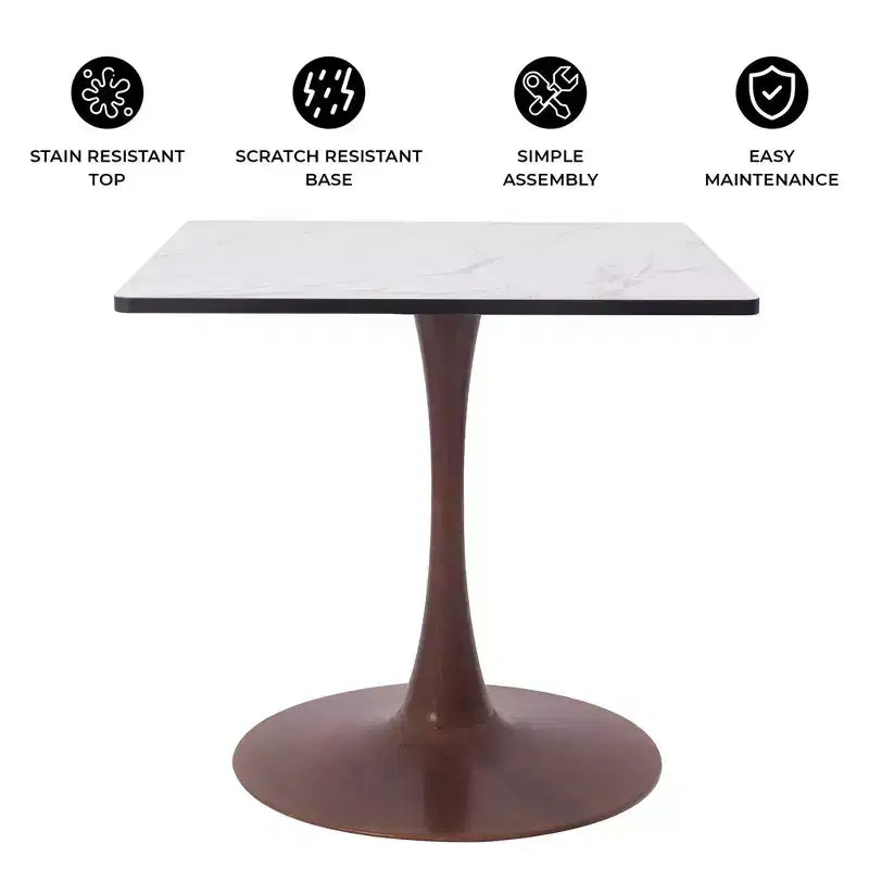 Tavolo da pranzo quadrato LeisureMod Bristol 27 con piano in MDF bianco marmorizzato e base a piedistallo in acciaio per cucine e sale da pranzo moderne