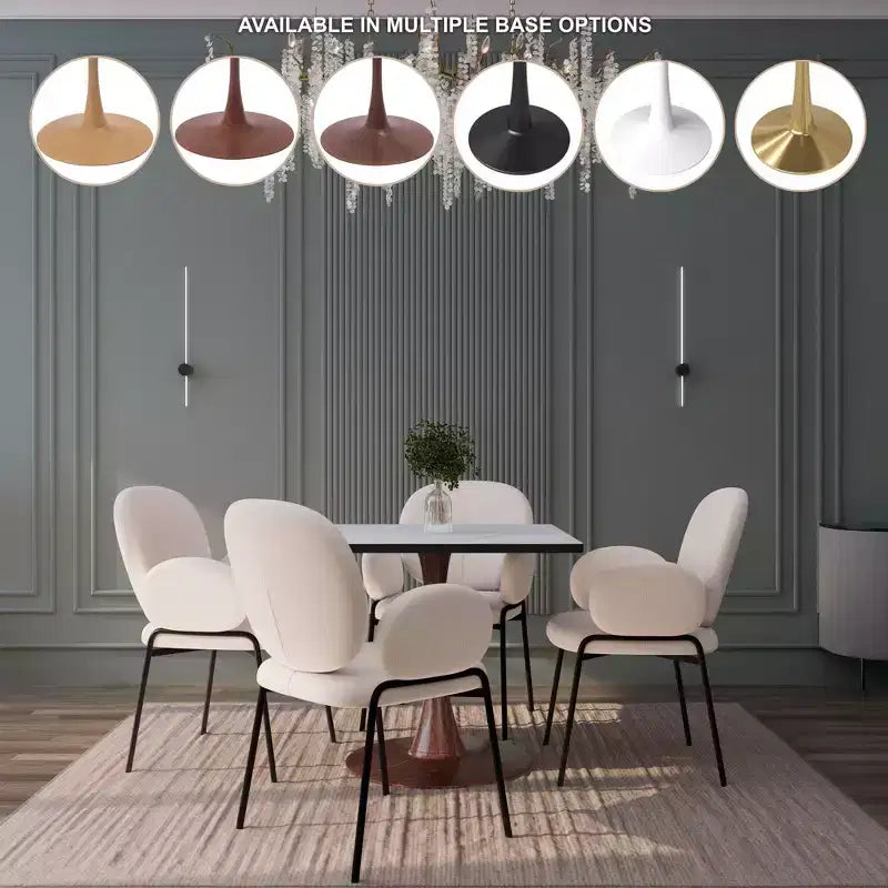 Tavolo da pranzo quadrato LeisureMod Bristol 27 con piano in MDF bianco marmorizzato e base a piedistallo in acciaio per cucine e sale da pranzo moderne