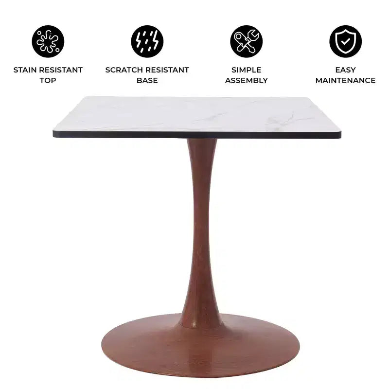Tavolo da pranzo quadrato LeisureMod Bristol 27 con piano in MDF bianco marmorizzato e base a piedistallo in acciaio per cucine e sale da pranzo moderne