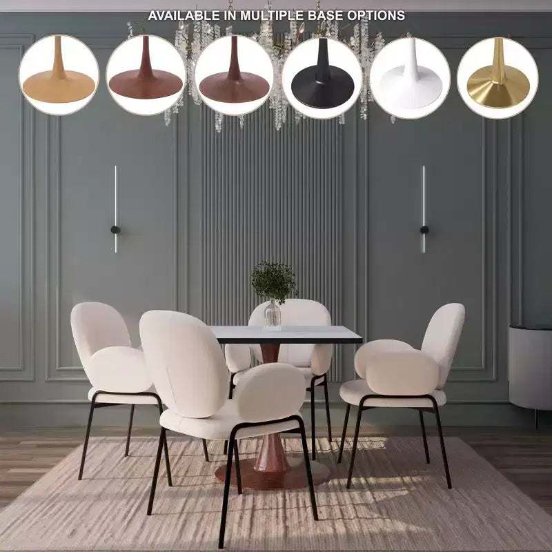 Tavolo da pranzo quadrato LeisureMod Bristol 27 con piano in MDF bianco marmorizzato e base a piedistallo in acciaio per cucine e sale da pranzo moderne