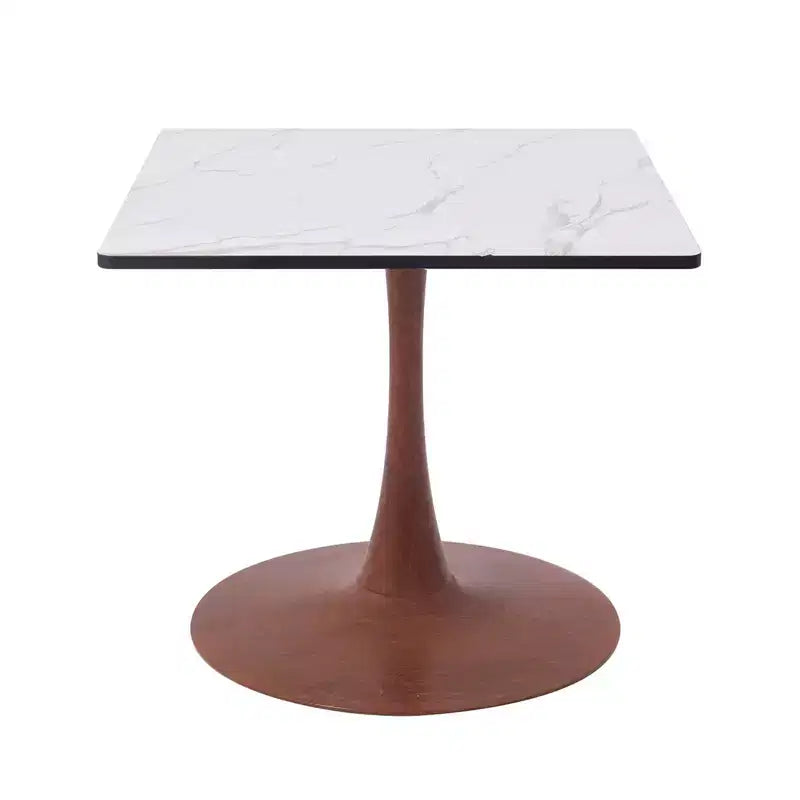 Tavolo da pranzo quadrato LeisureMod Bristol 27 con piano in MDF bianco marmorizzato e base a piedistallo in acciaio per cucine e sale da pranzo moderne