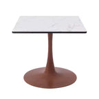 Tavolo da pranzo quadrato LeisureMod Bristol 27 con piano in MDF bianco marmorizzato e base a piedistallo in acciaio per cucine e sale da pranzo moderne