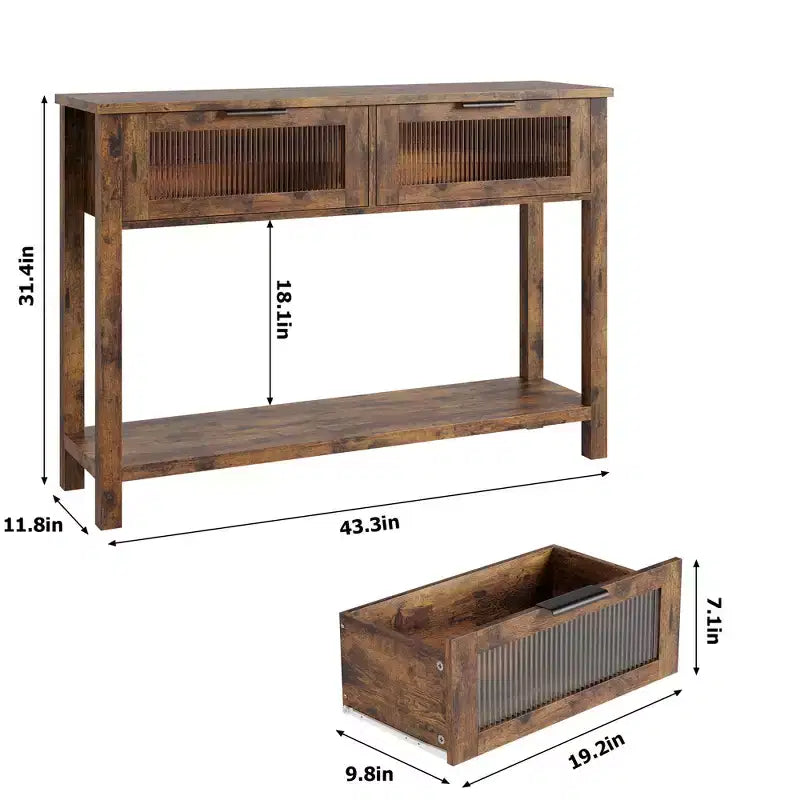 Tavolino consolle da 109 cm, Tavolino doppio per divano con contenitore, Tavolino da buffet in legno, Tavolino da ingresso con 2 cassetti in vetro per ingresso, corridoio, soggiorno