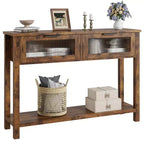 Tavolino consolle da 109 cm, Tavolino doppio per divano con contenitore, Tavolino da buffet in legno, Tavolino da ingresso con 2 cassetti in vetro per ingresso, corridoio, soggiorno