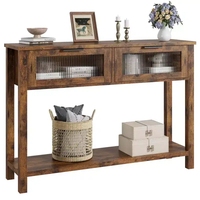 Tavolino consolle da 109 cm, Tavolino doppio per divano con contenitore, Tavolino da buffet in legno, Tavolino da ingresso con 2 cassetti in vetro per ingresso, corridoio, soggiorno