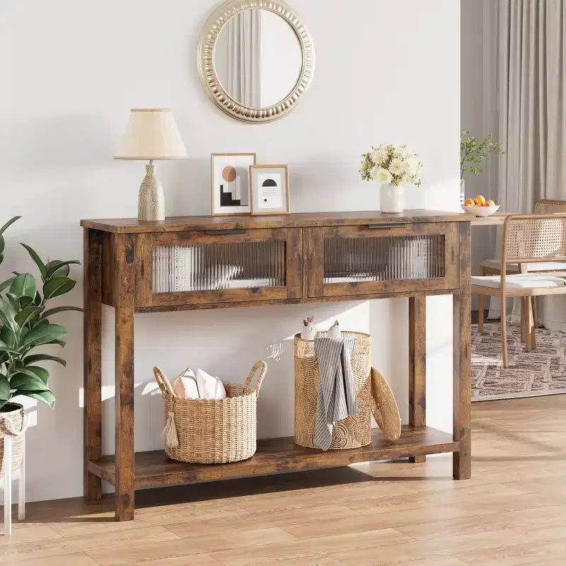 Tavolino consolle da 109 cm, Tavolino doppio per divano con contenitore, Tavolino da buffet in legno, Tavolino da ingresso con 2 cassetti in vetro per ingresso, corridoio, soggiorno