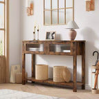 Tavolino consolle da 109 cm, Tavolino doppio per divano con contenitore, Tavolino da buffet in legno, Tavolino da ingresso con 2 cassetti in vetro per ingresso, corridoio, soggiorno