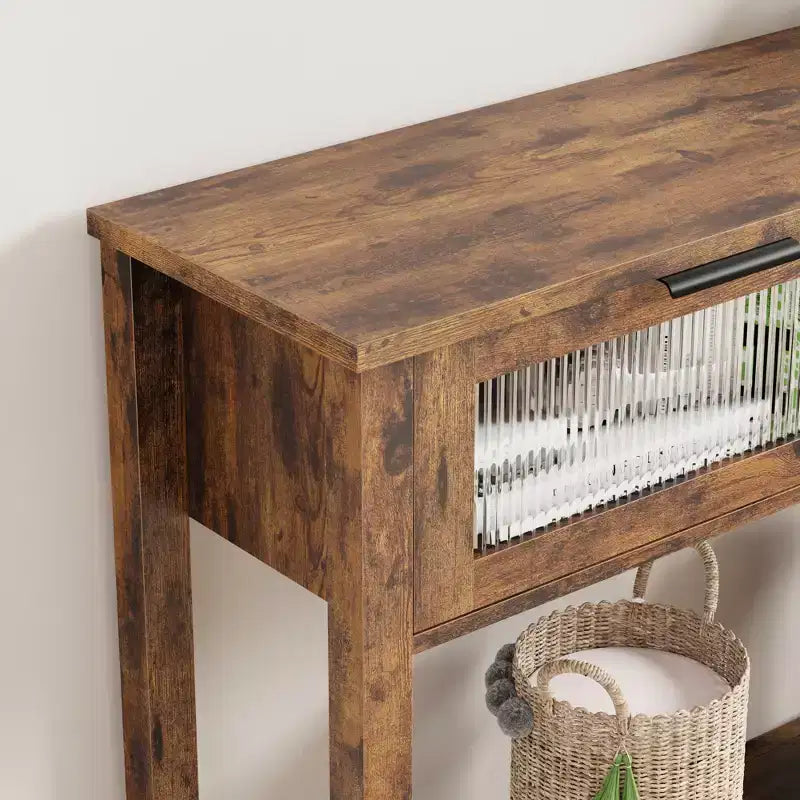 Tavolino consolle da 109 cm, Tavolino doppio per divano con contenitore, Tavolino da buffet in legno, Tavolino da ingresso con 2 cassetti in vetro per ingresso, corridoio, soggiorno
