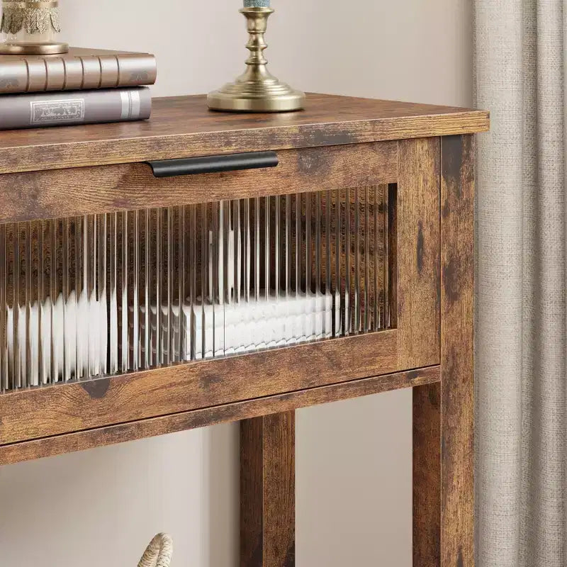 Tavolino consolle da 109 cm, Tavolino doppio per divano con contenitore, Tavolino da buffet in legno, Tavolino da ingresso con 2 cassetti in vetro per ingresso, corridoio, soggiorno