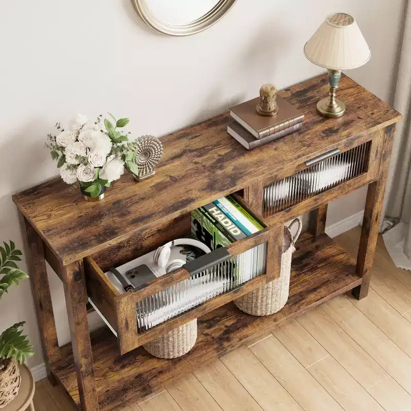 Tavolino consolle da 109 cm, Tavolino doppio per divano con contenitore, Tavolino da buffet in legno, Tavolino da ingresso con 2 cassetti in vetro per ingresso, corridoio, soggiorno