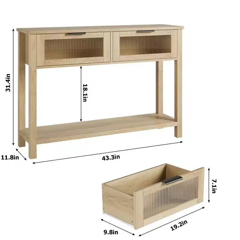Tavolino consolle da 109 cm, Tavolino doppio per divano con contenitore, Tavolino da buffet in legno, Tavolino da ingresso con 2 cassetti in vetro per ingresso, corridoio, soggiorno