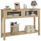 Tavolino consolle da 109 cm, Tavolino doppio per divano con contenitore, Tavolino da buffet in legno, Tavolino da ingresso con 2 cassetti in vetro per ingresso, corridoio, soggiorno